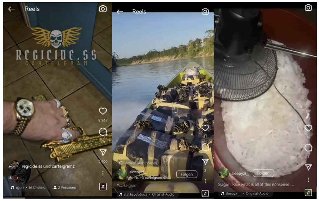 Screenshots diverser Instagram-Reels unter einschlägigen Cartelgram Hashtags