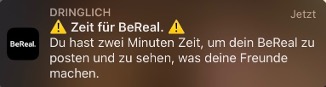 Aufforderung zum Posten eines Bildes (Zeit für BeReal); Bild: Screenshot
