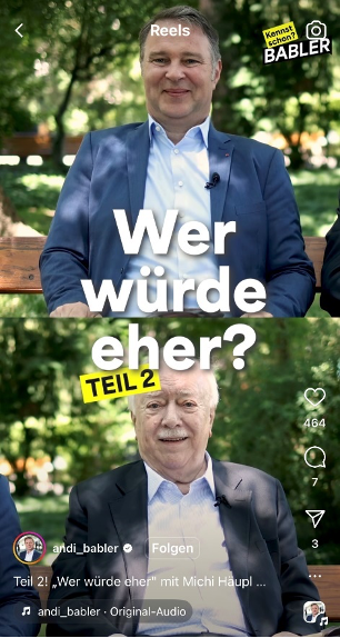 Andreas Babler, der auf seinem Instagram-Account mit Michael Häupl „Wer würde eher spielt“.