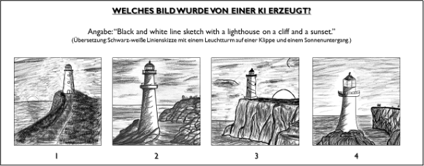 © Bilder 1, 3, 4: Bernd Benedikt Richter. Bild 2 Auftrag an KI-Programm DeepAI: „Black and White line sketch with a lighthouse on a cliff and a sunset. Settings: Sandard, Old Style Generator“.